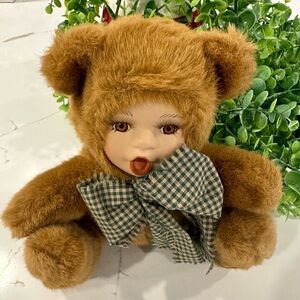 Vintage Oriental  Trading Company Plush Porcelain Baby Doll Bear 9" Surprise Bow